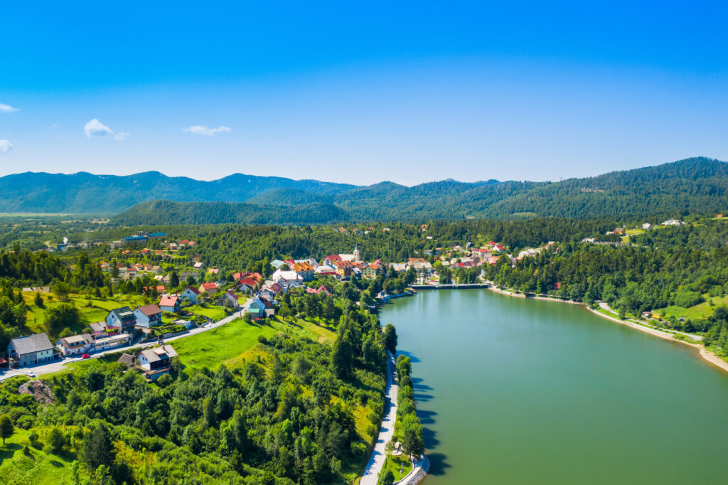 Beautiful town of Fuzine on Lake Bajer, Gorski kotar region