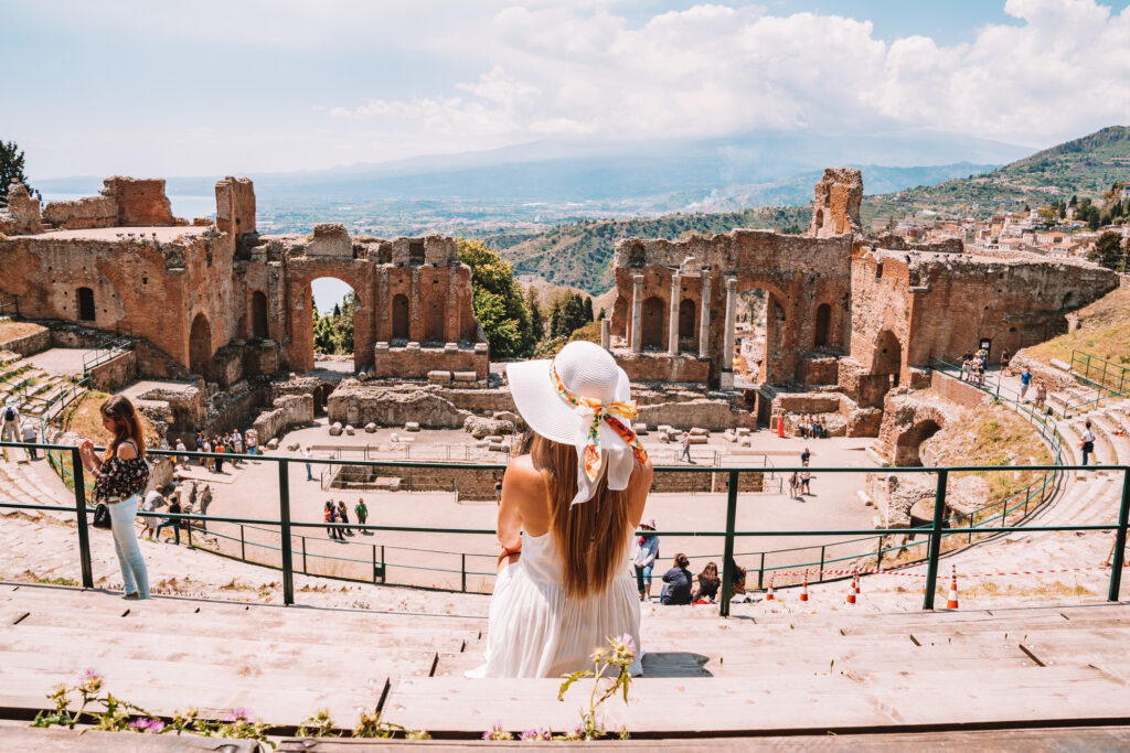 Tourist in Roman theater in Plovdiv